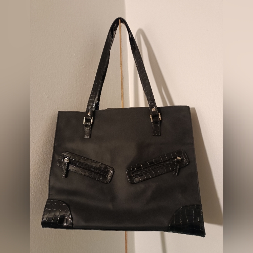 Elegant Signature Club A Brend Black Nylon Tote Bag With Embossed Leather Trim